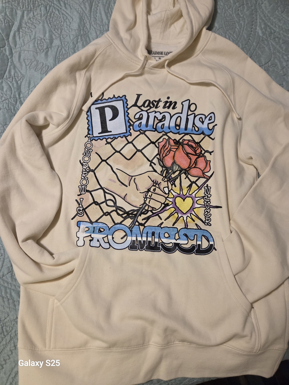 Lost in Paradise Graphic Hoodie - Cream with Blue & Pink Print